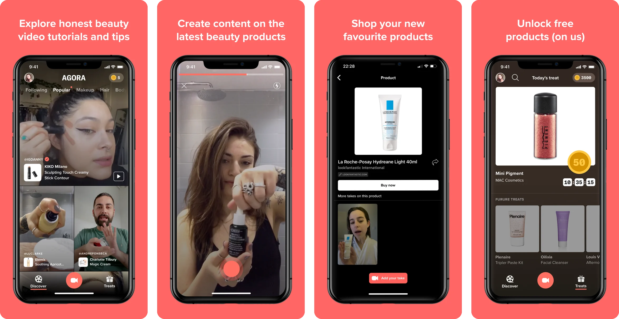 Four AGORA App Store screenshots: Explore honest beauty video tutorials and tips; Create content on the latest beauty products; Shop your new favourite products; Unlock free products, on us.
