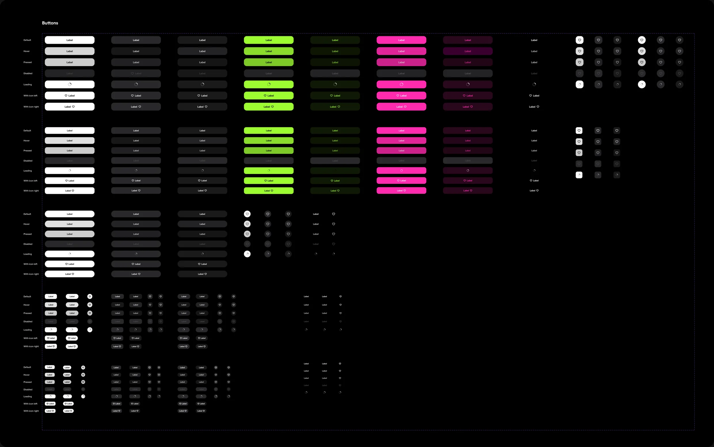 BDS buttons: white, grey, dark, lime, deep lime and magenta buttons in rows for default, hover, pressed, disabled, loading, icon left and icon right, in large, medium and small sizes and pill shapes.