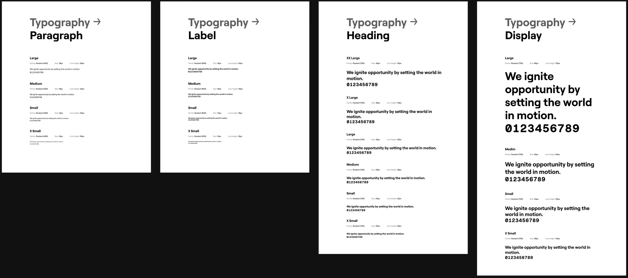 BDS typography in four sheets: paragraph, label, heading and display, each size with its family, weight, size and line height, set in the line We ignite opportunity by setting the world in motion.