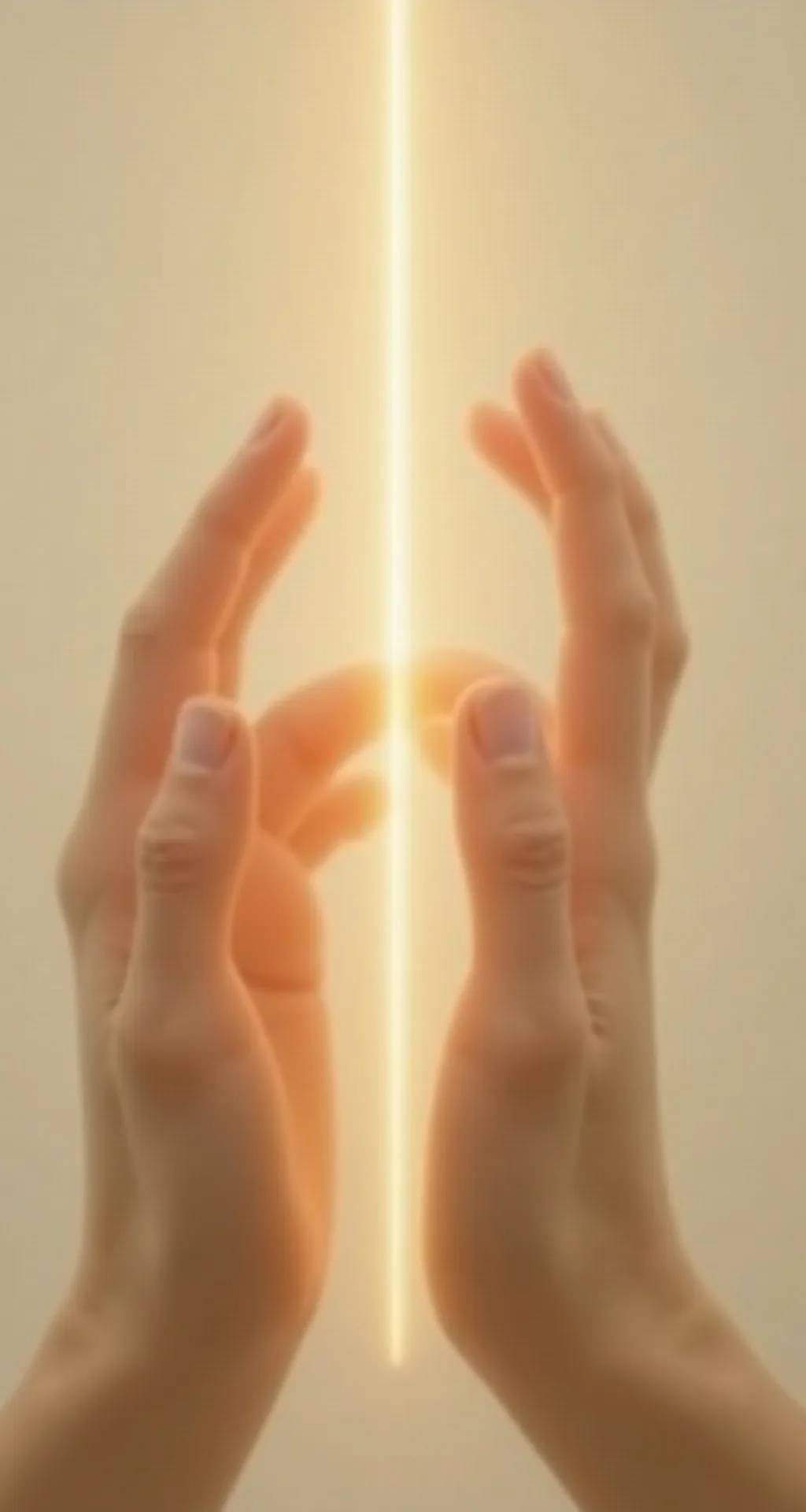 Two hands almost touching, a thin beam of light between the fingertips, on warm off-white.