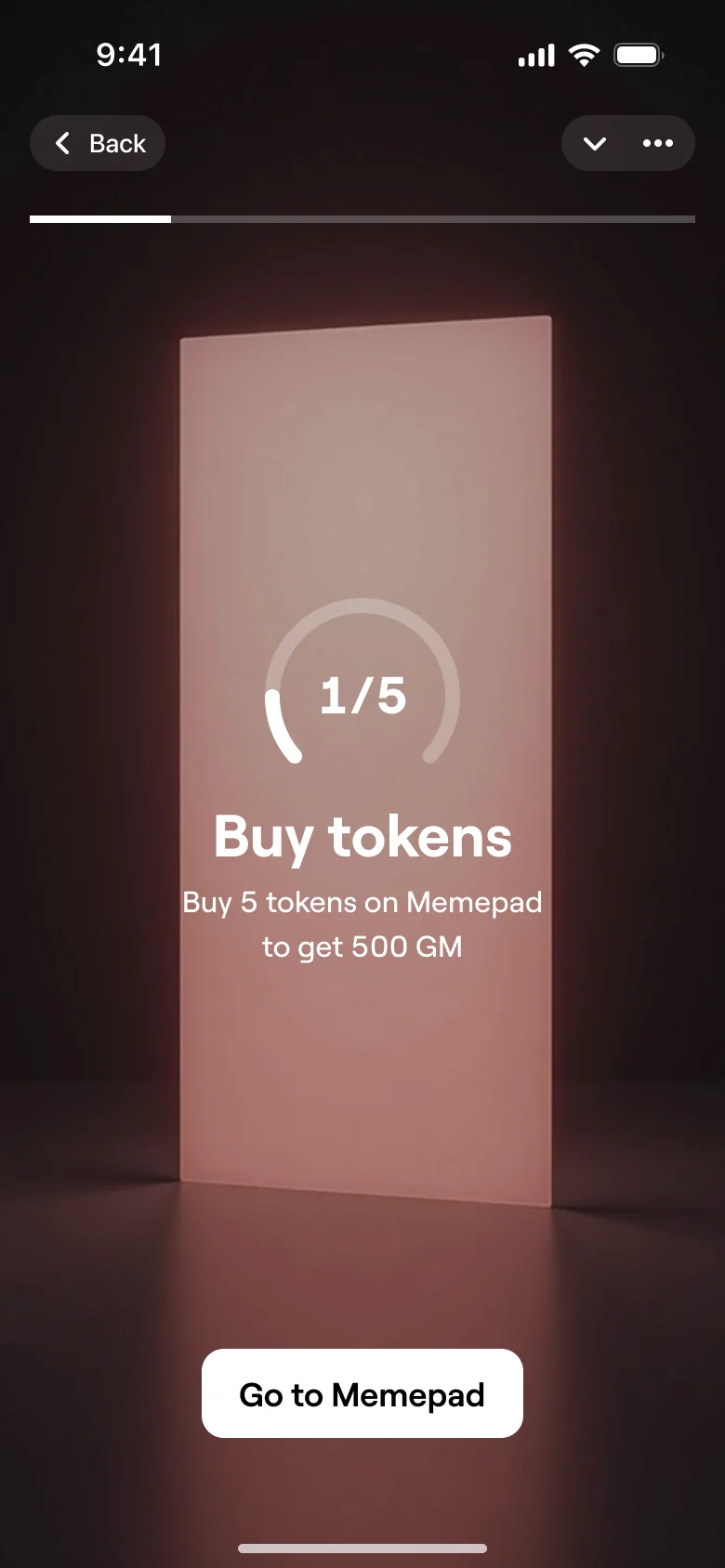 Story cover for a task: a glowing panel, a progress ring at 1 of 5, Buy tokens, and Go to Memepad.