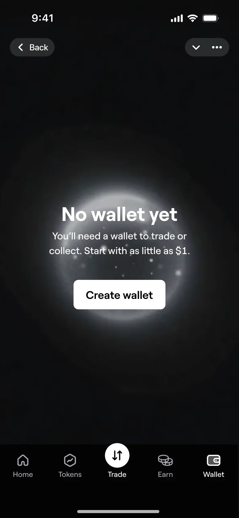 Empty state: No wallet yet, you need a wallet to trade or collect, and Create wallet.