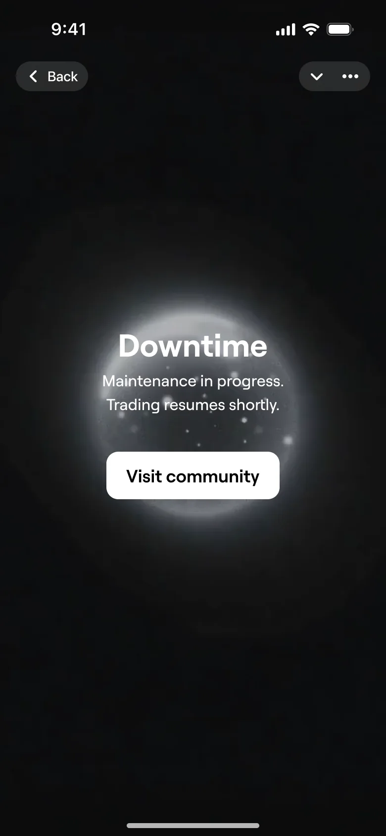 System state: Downtime, maintenance in progress, trading resumes shortly, and Visit community.