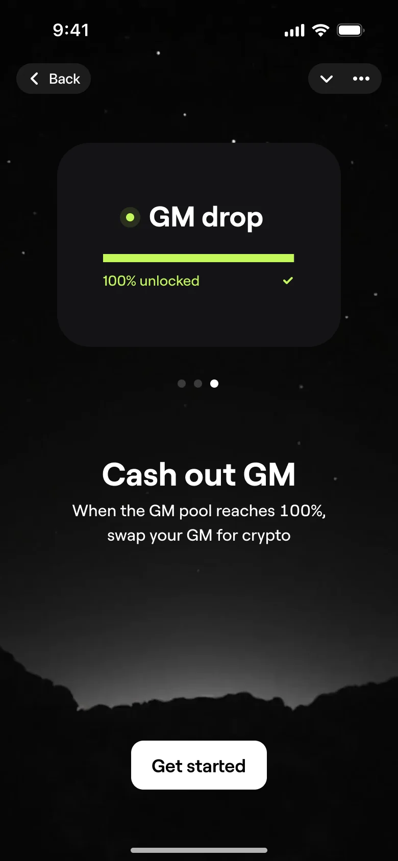 Explainer, slide three: GM drop 100 per cent unlocked, Cash out GM, and Get started.