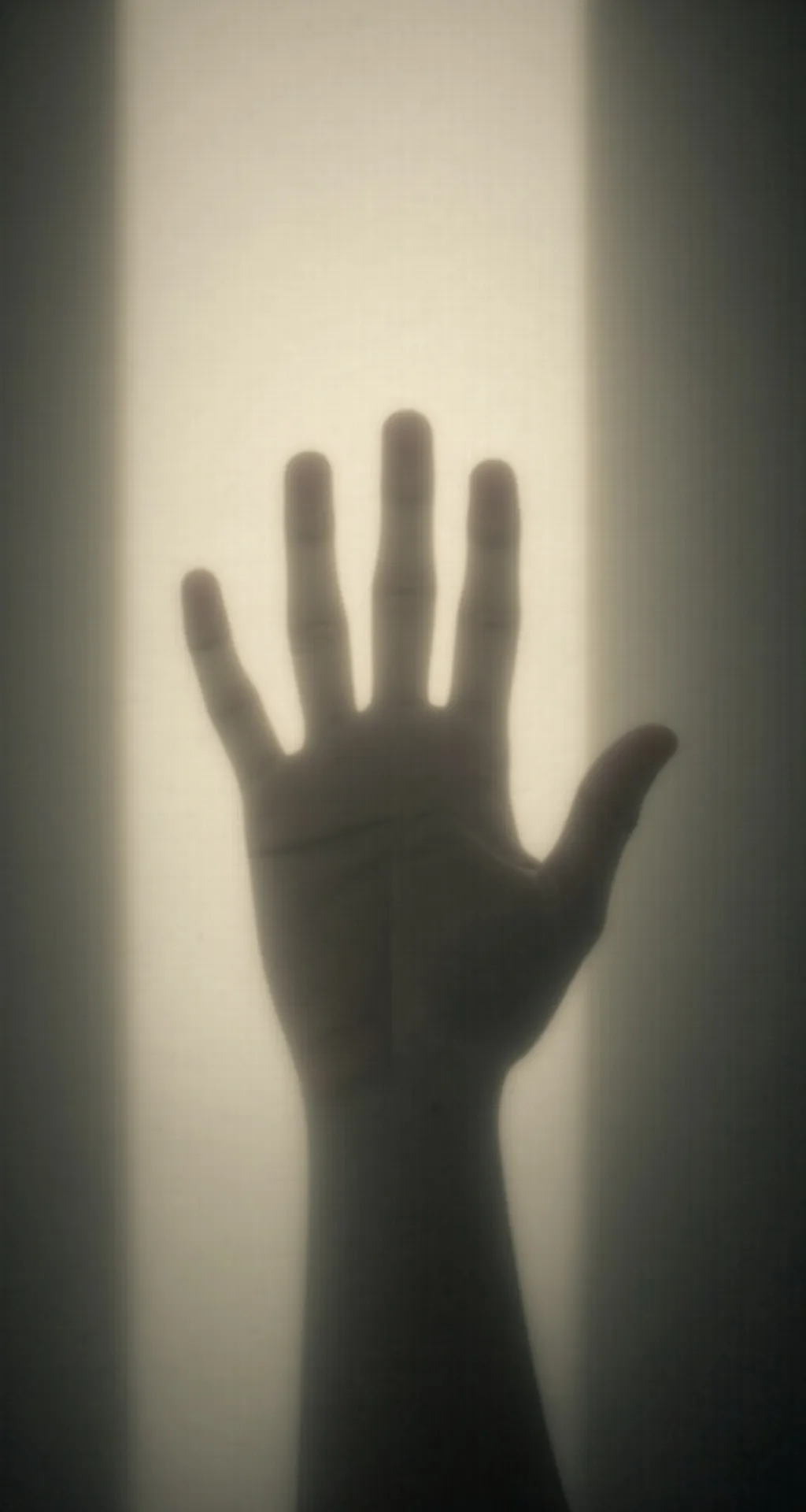 A hand pressed behind translucent paper, soft grey light.