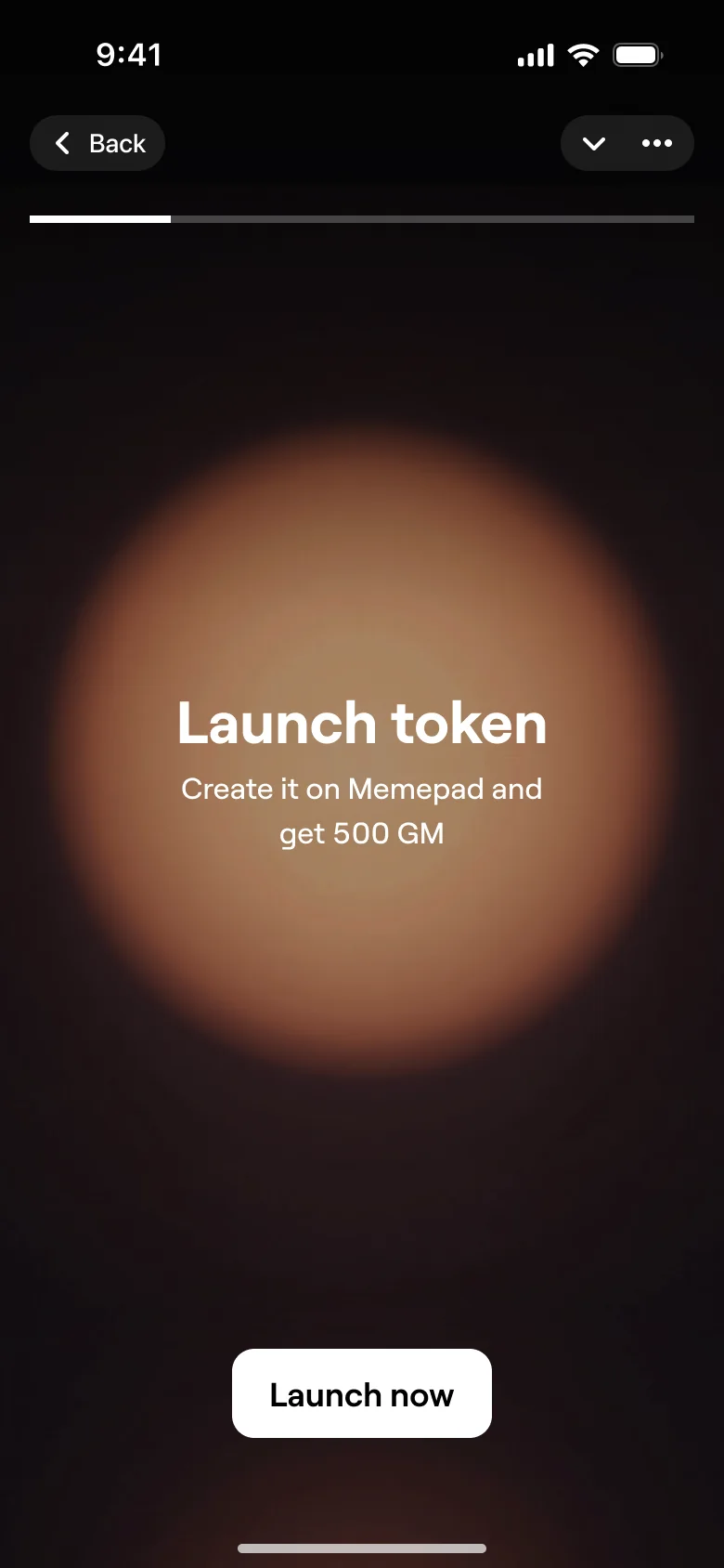 Story cover for a launch: an amber orb, Launch token, create it on Memepad and get 500 GM, and Launch now.