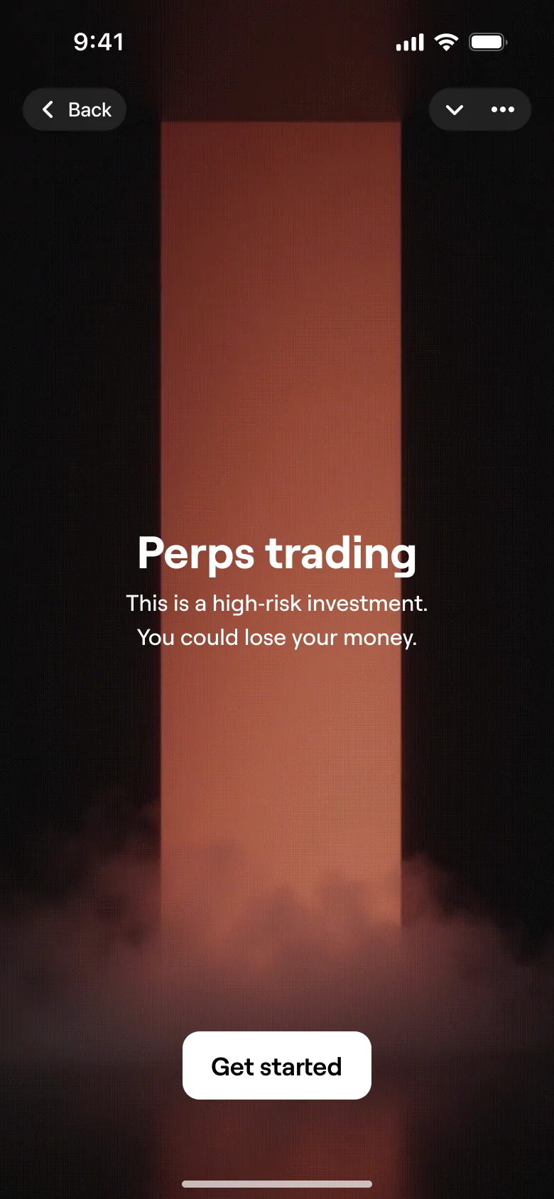 Spotlight for a launch: a coral light column in smoke, Perps trading, This is a high-risk investment, you could lose your money, and Get started.