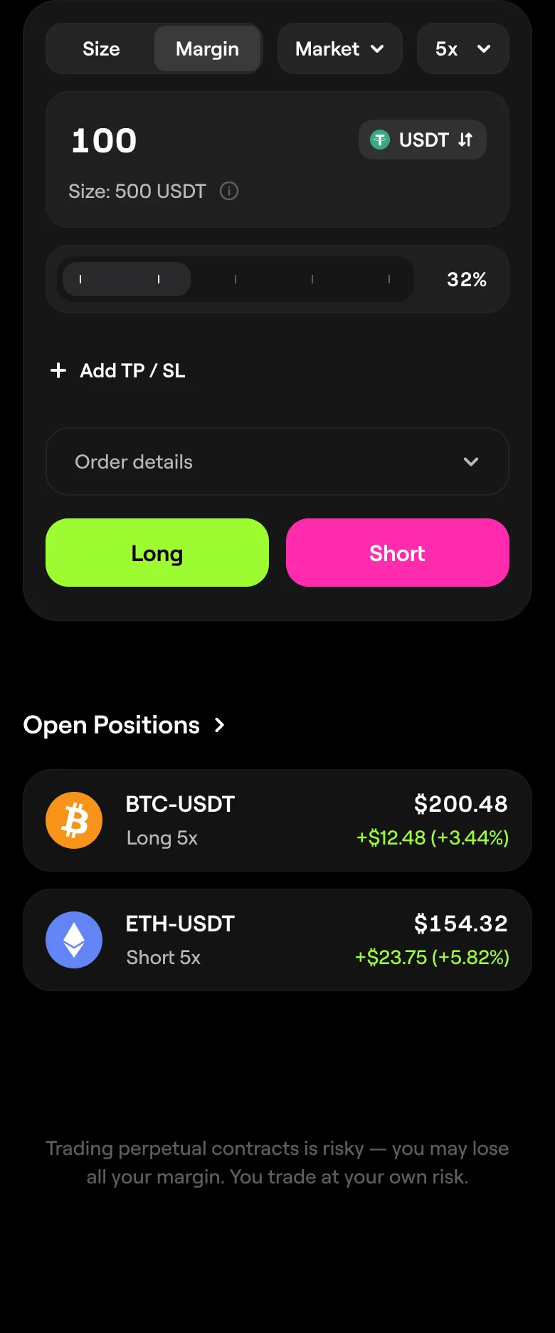 Perps order panel: margin 100 USDT for a size of 500 USDT at 5x, Long in lime and Short in magenta, open positions below, and a line: trading perpetual contracts is risky, you may lose all your margin.