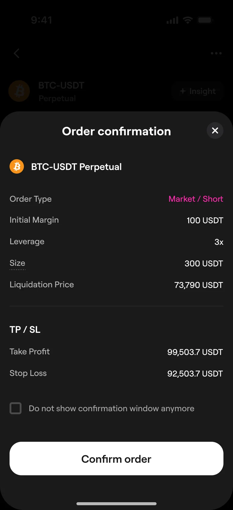 Order confirmation for BTC-USDT perpetual: market short, initial margin 100 USDT, leverage 3x, size 300 USDT, liquidation price, take profit and stop loss, and Confirm order.