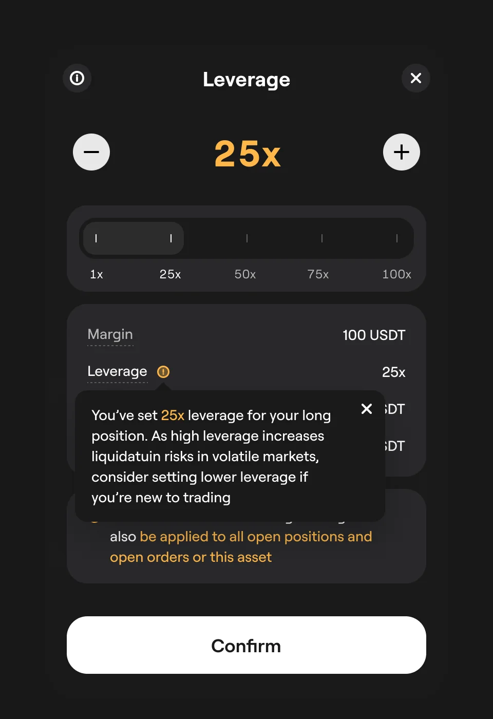 Desktop leverage modal at 25x, with margin, and a tooltip: you have set 25x leverage for your long position; high leverage increases liquidation risk in volatile markets.
