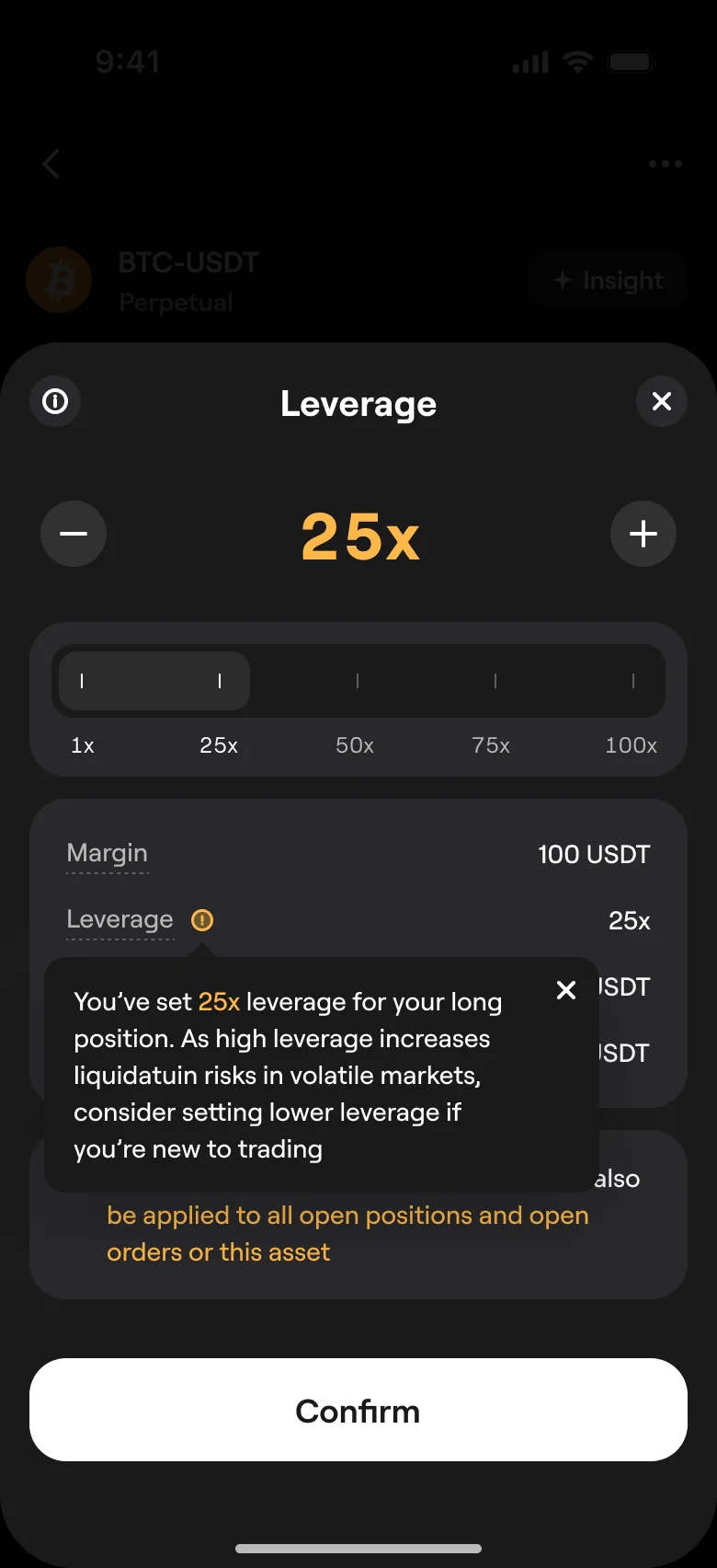 Leverage at 25x with margin 100 USDT, and a tooltip: you have set 25x leverage for your long position; high leverage increases liquidation risk in volatile markets; consider lower leverage if you are new to trading.