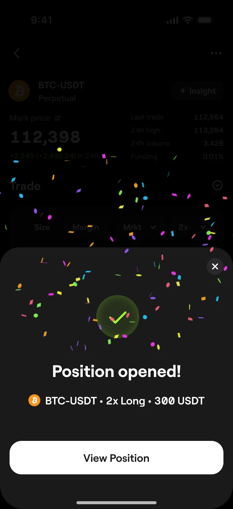 Position opened: BTC-USDT 2x long, 300 USDT, with confetti and View position.
