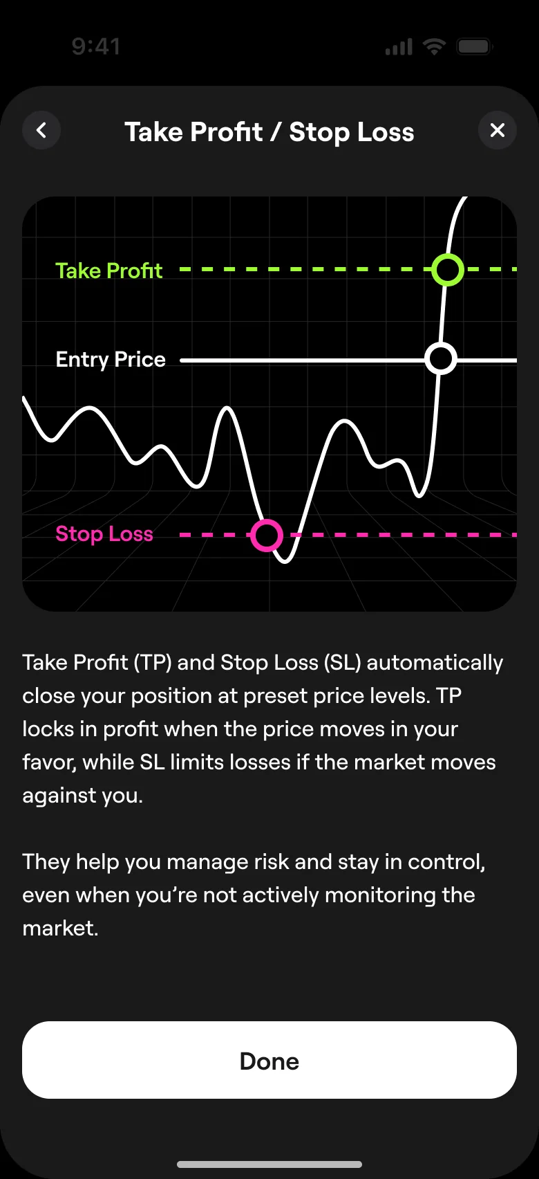 About take profit and stop loss: a price line between a take-profit level and a stop-loss level, and how each closes a position automatically.