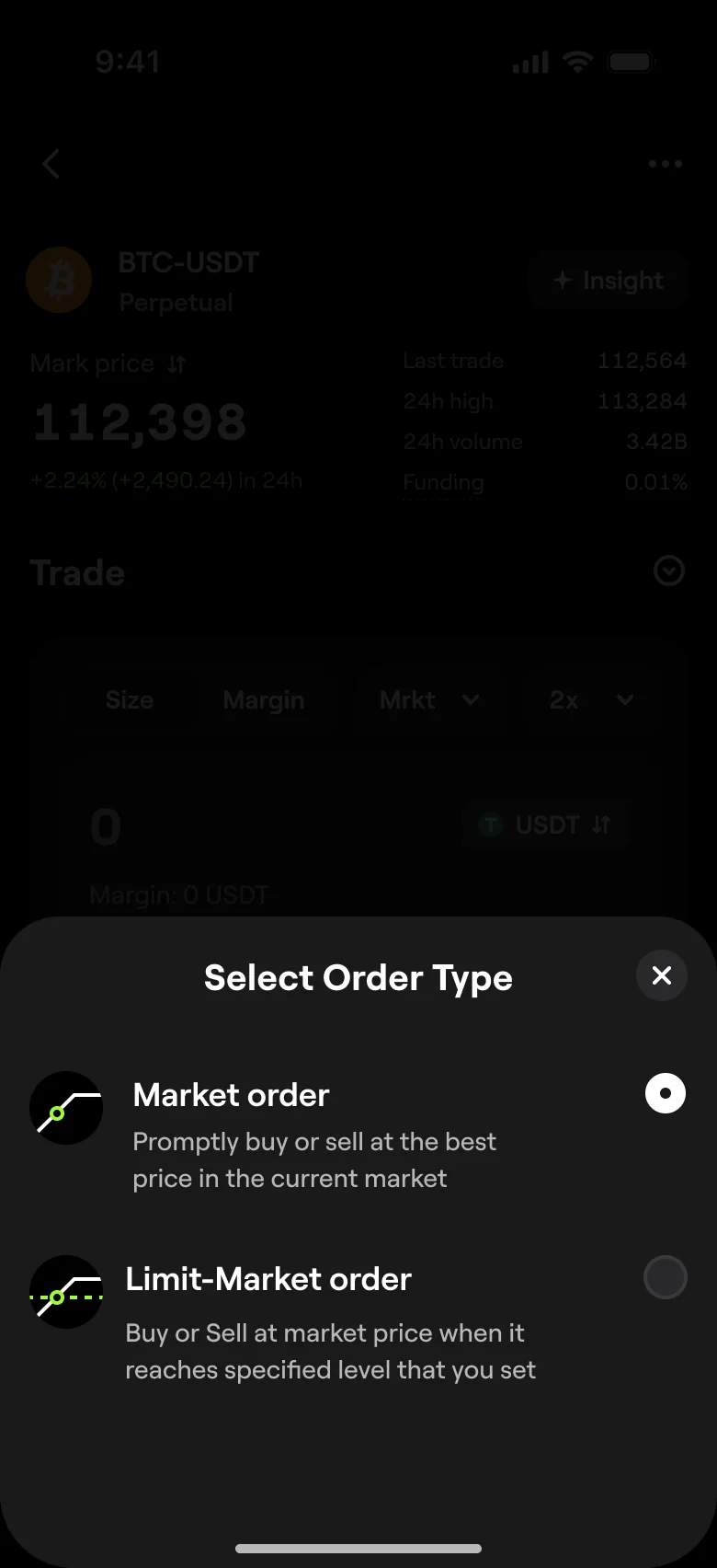 Select order type: market order, promptly buy or sell at the best price in the current market, or limit-market order, at a level you set.