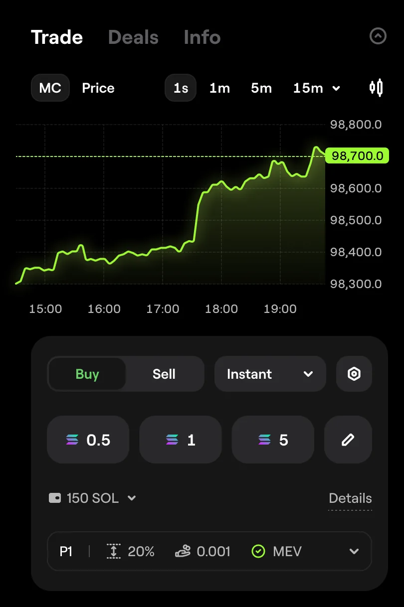 Mobile instant buy: a price chart above preset amounts in SOL and one button.