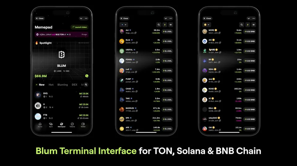 Three phones on black running the Blum Terminal: Memepad on TON with a spotlight and new tokens, a Solana token list and a BNB Chain token list, every row with a one-tap buy button. Below, in Blum’s lime and white: Blum Terminal Interface for TON, Solana & BNB Chain.
