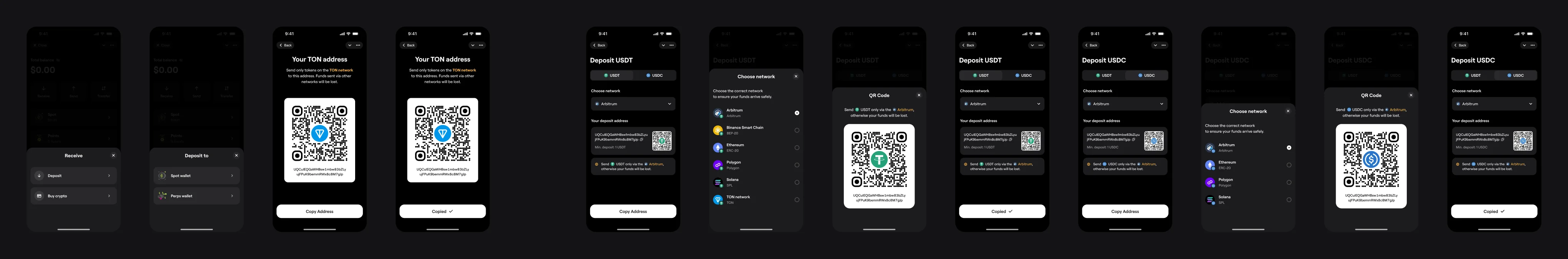 The deposit flow in twelve screens: receive, deposit to spot or perps, your TON address as a QR code, then USDT and USDC deposits where you choose the network first and every QR says which chain it accepts.