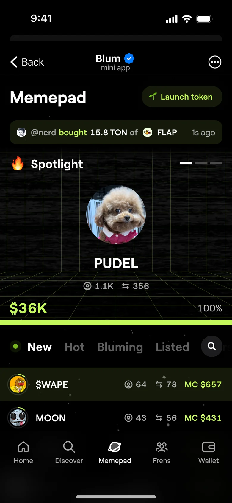 Blum Memepad: the spotlight and the token list.