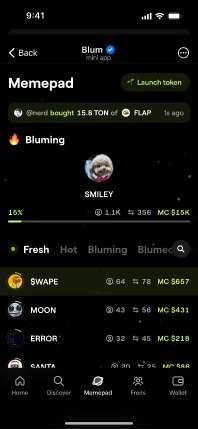 Memepad: the token closest to listing in the spotlight, then the list of fresh tokens with holders and market cap.