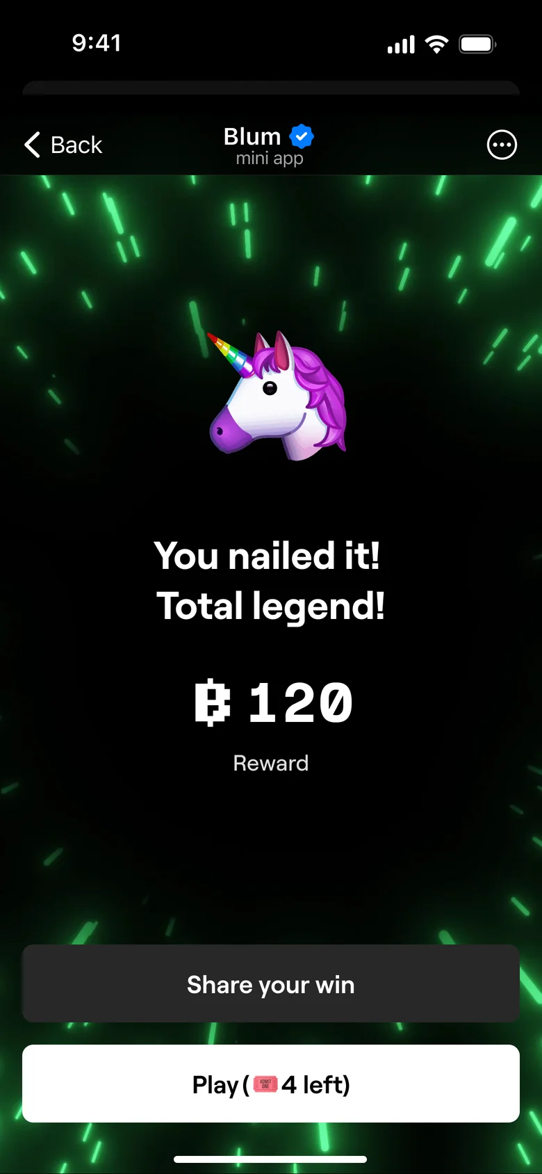 The reward: You nailed it! Total legend!, 120 points, Share your win and Play.