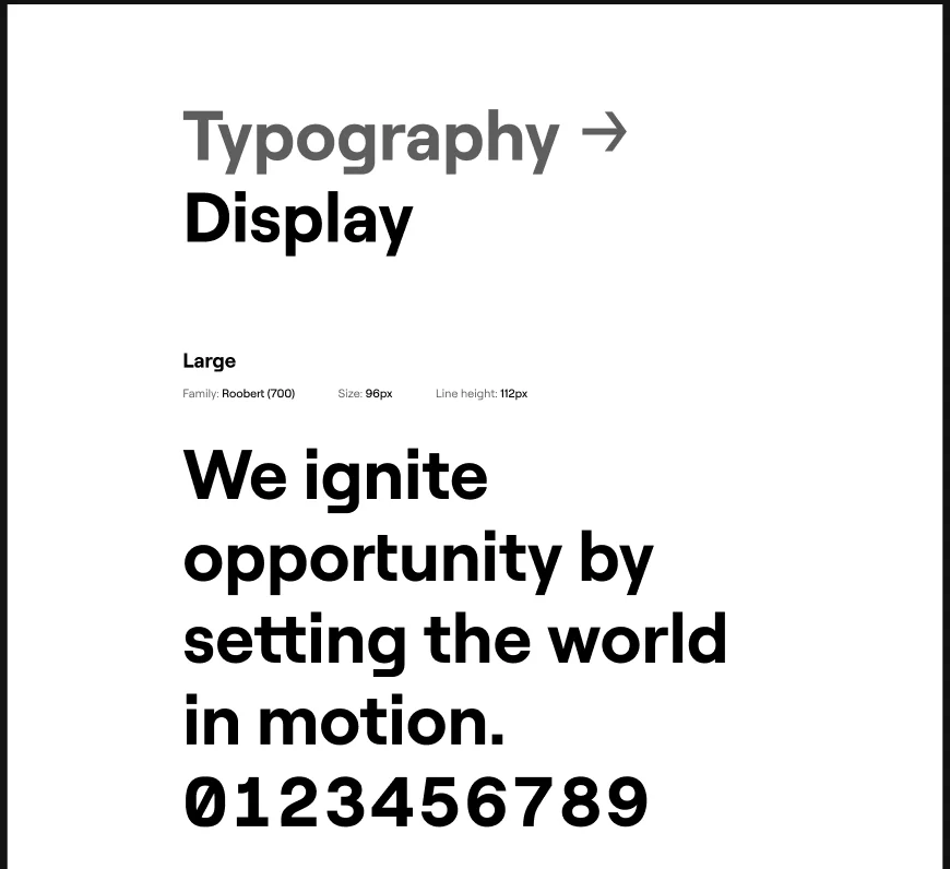 A page of Blum Design System: the display type scale, from large to small, with the line We ignite opportunity by setting the world in motion.