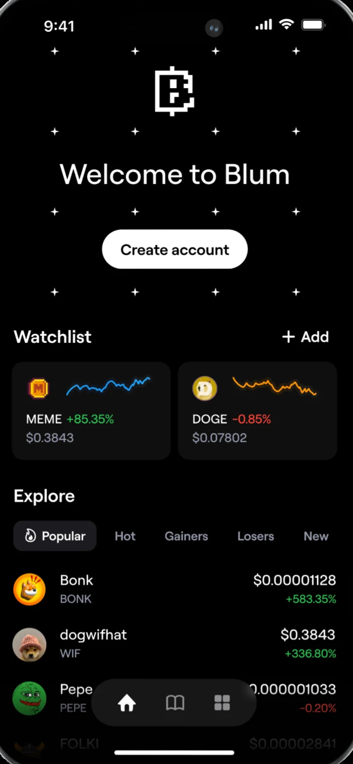 Blum’s first screen: welcome, watchlist and explore.
