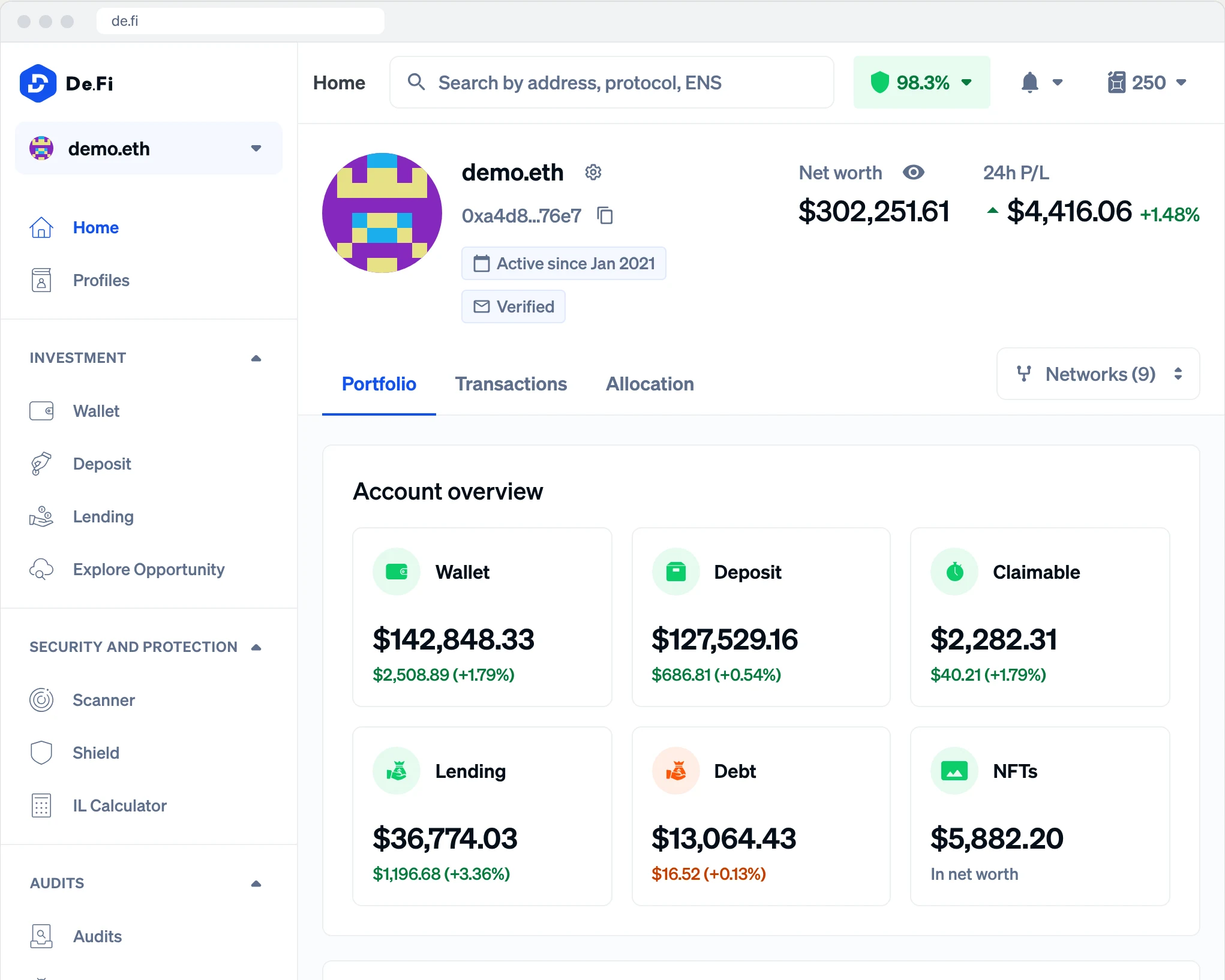 The De.Fi app: the sidebar with Home and Profiles, Investment, Security and Protection, and Audits, beside a portfolio of $302,251.61 net worth, up $4,416.06 on the day, made up of wallet, deposit, claimable, lending, debt and NFTs.