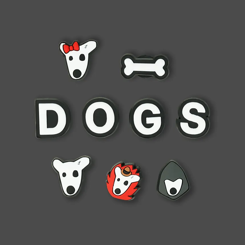 Enamel pins: Spotty with a bow, a bone, the letters D O G S, Spotty in flames and Spotty in a hood.