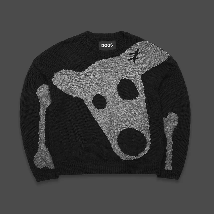A black knitted sweater with Spotty’s face in grey across the front and a bone down each sleeve.