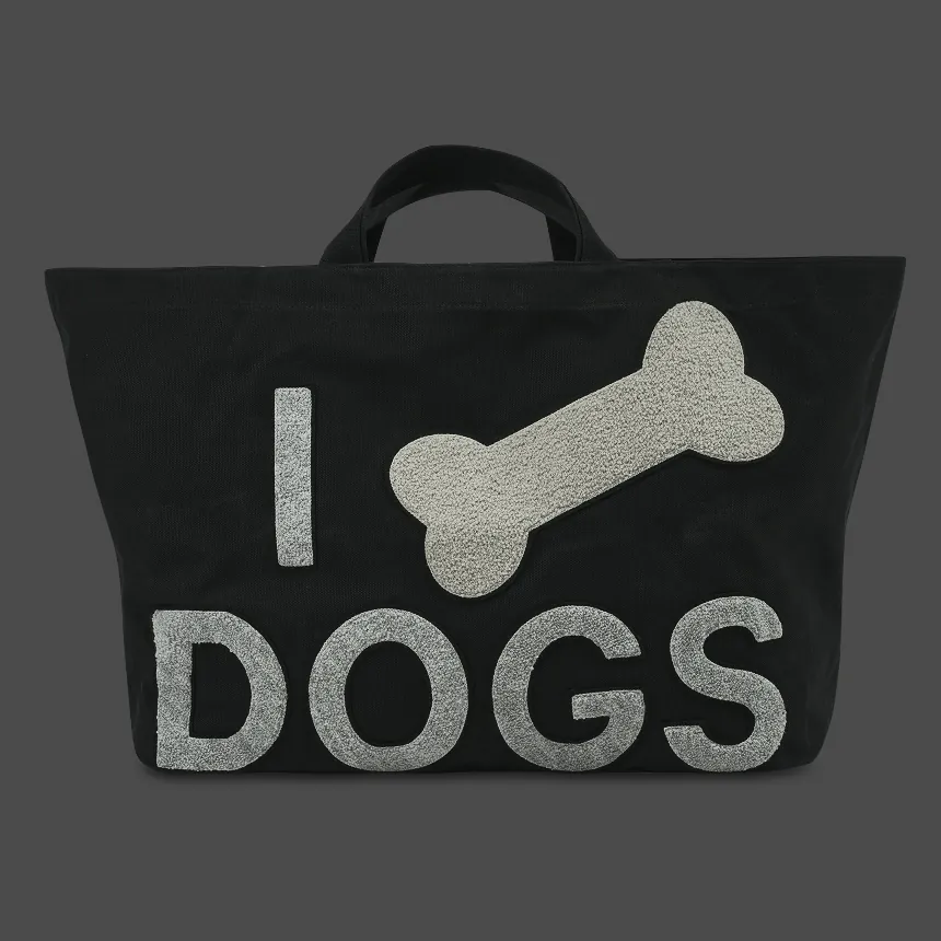 A black tote bag: I, a grey bone, DOGS.