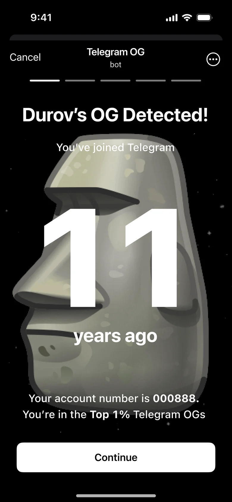 Durov’s OG detected: 11 years ago, top 1% of Telegram OGs, with Continue.