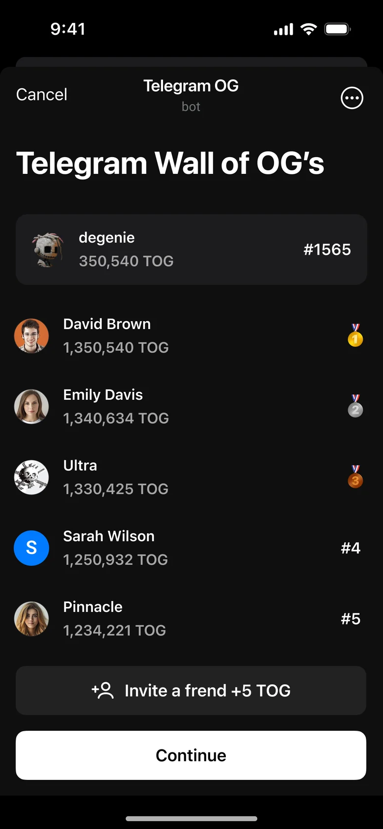 Telegram Wall of OGs: your own rank pinned at the top, the leading accounts below.