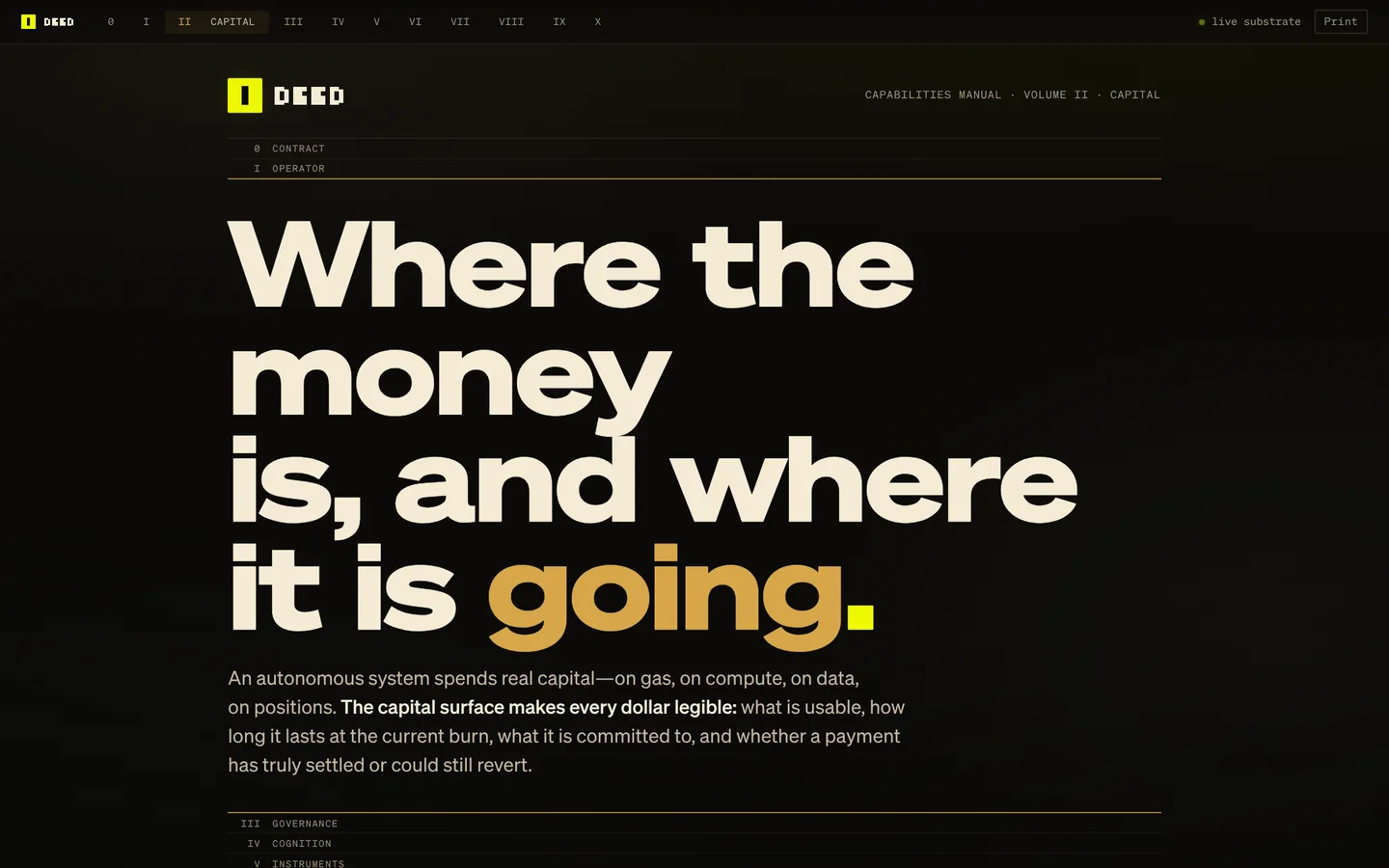 Volume II of the capabilities manual, Capital: the headline Where the money is, and where it is going, with the volume index.