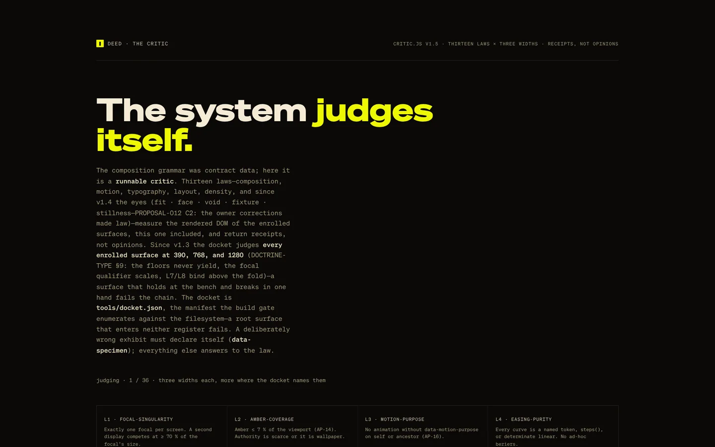 The Critic page of the DEED design system: the headline The system judges itself, and the first of its thirteen laws.