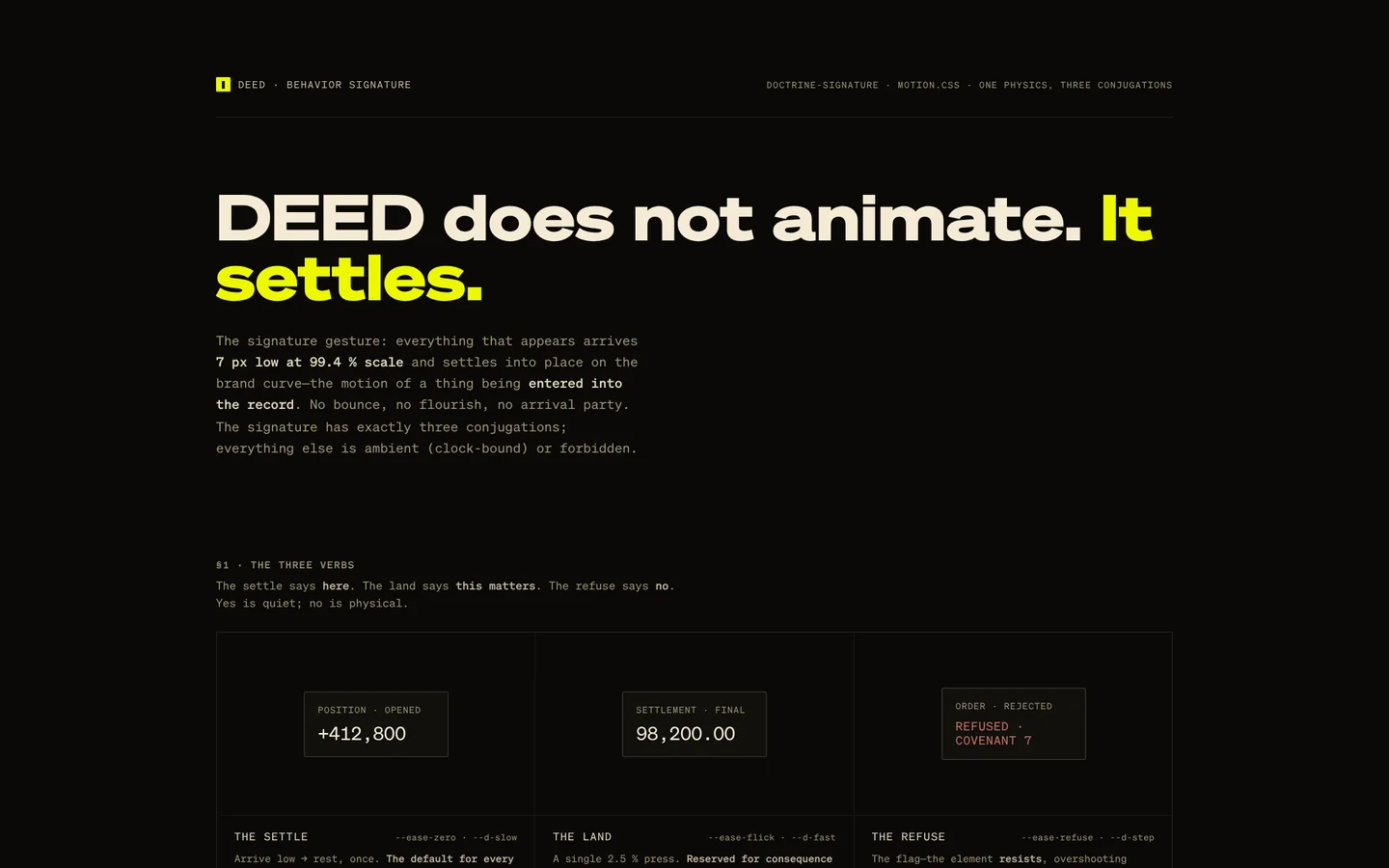 The Behavior Signature page: the headline DEED does not animate. It settles, with its three verbs: settle, land and refuse.