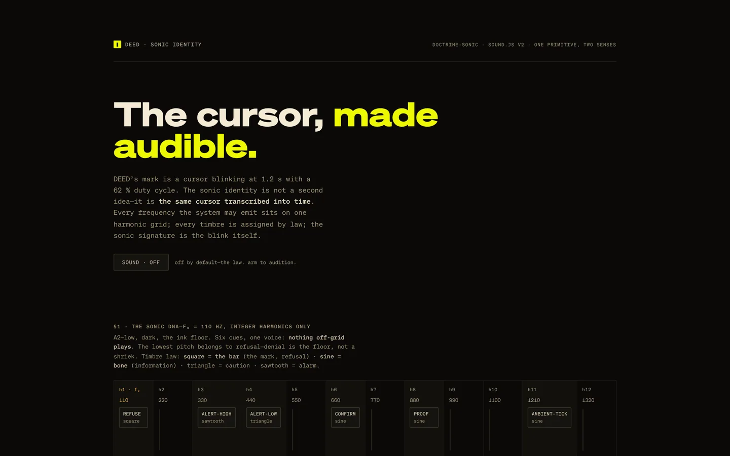 The Sonic Identity page: the headline The cursor, made audible, and a harmonic grid on a 110 Hz root, sound off by default.
