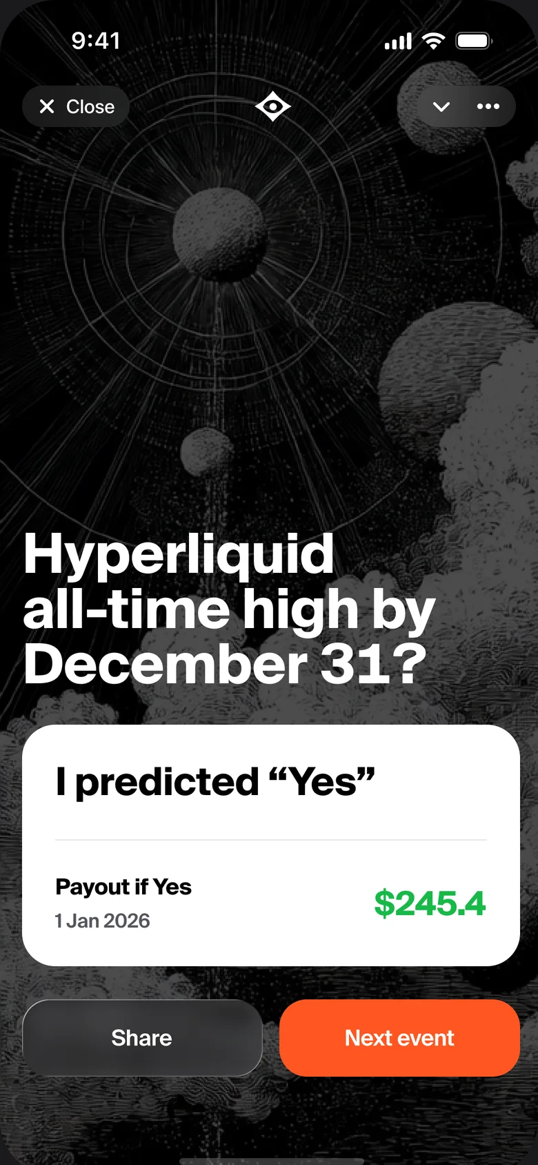 A share card: I predicted Yes, with the payout if right, Share and Next event.