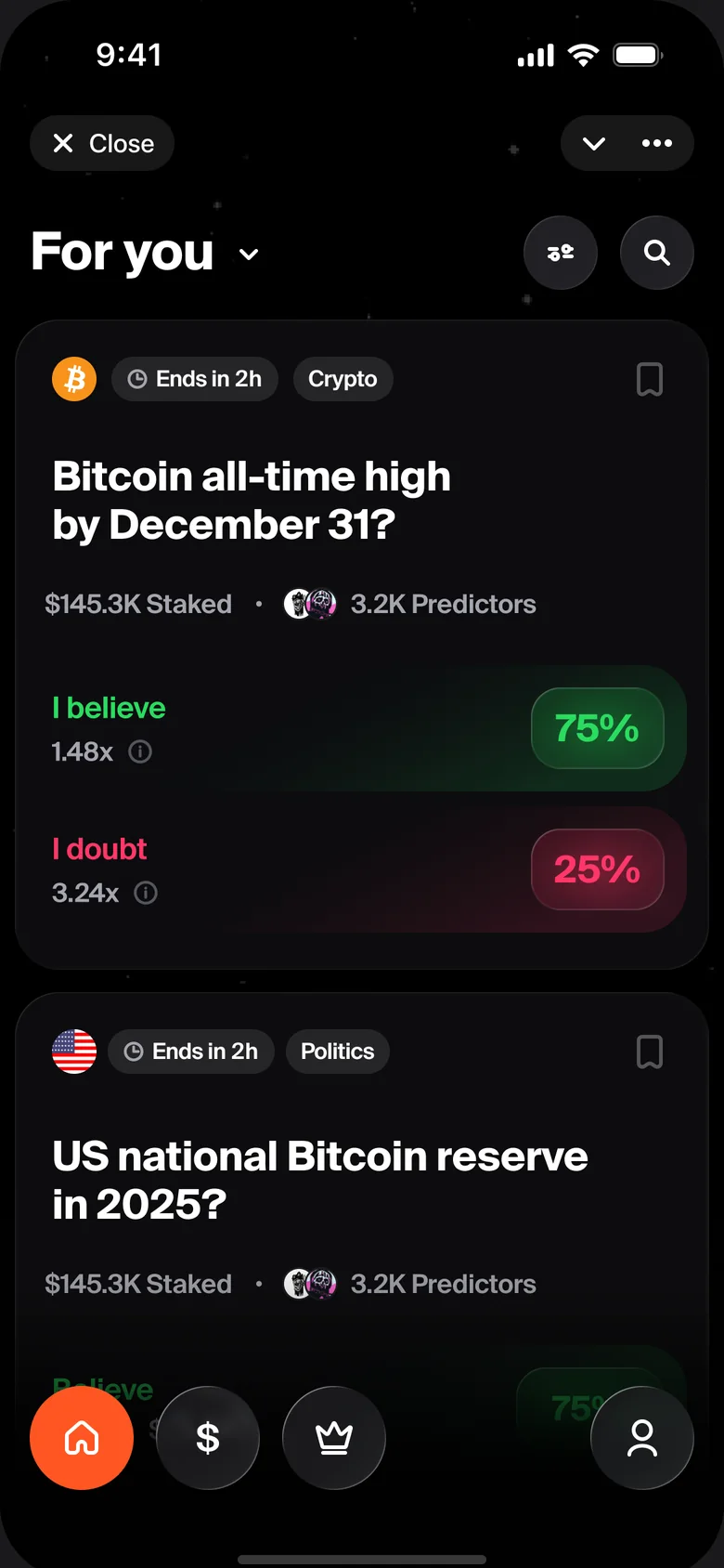 F8 feed: events such as Bitcoin all-time high by December 31, with I believe at 75% and I doubt at 25%.