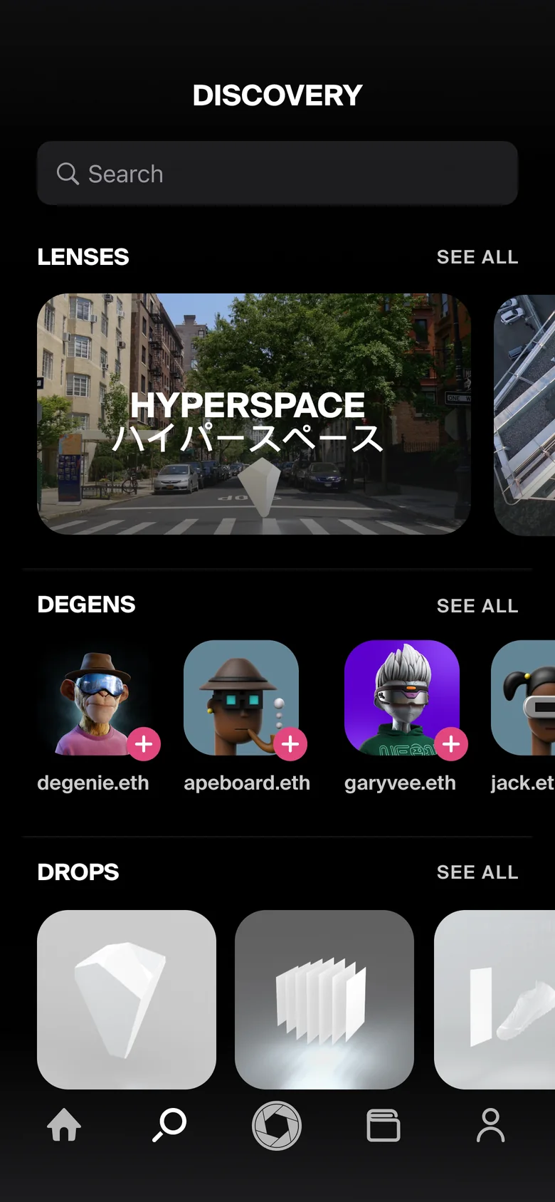 Discovery: lenses such as Hyperspace, creators, and drops of 3D objects.