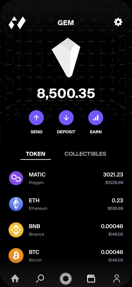 The gem wallet: a crystal above a balance, send, deposit and earn, and the tokens held.