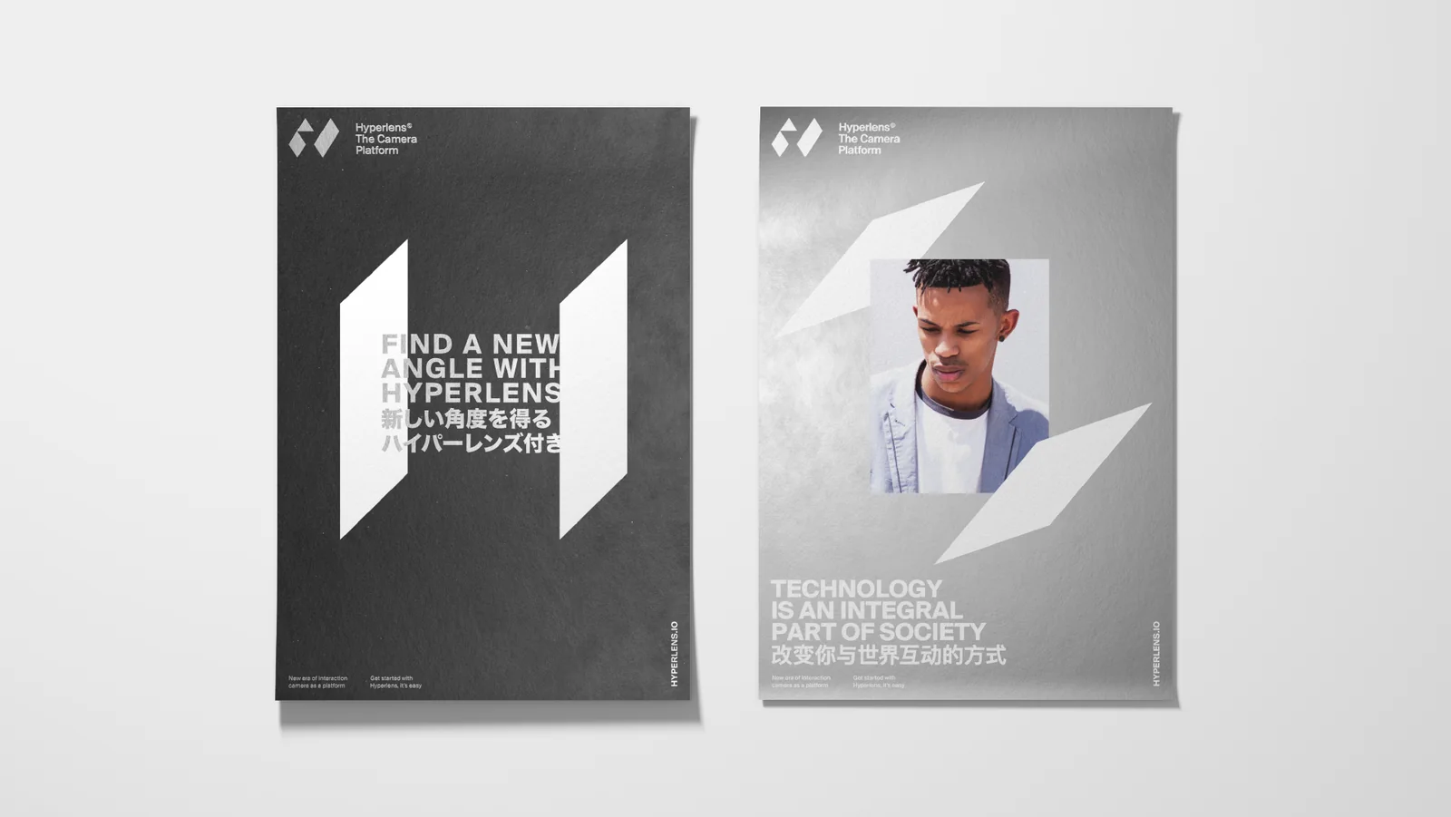 Two Hyperlens posters in silver and black: Find a new angle with Hyperlens, in English, Chinese and Japanese.