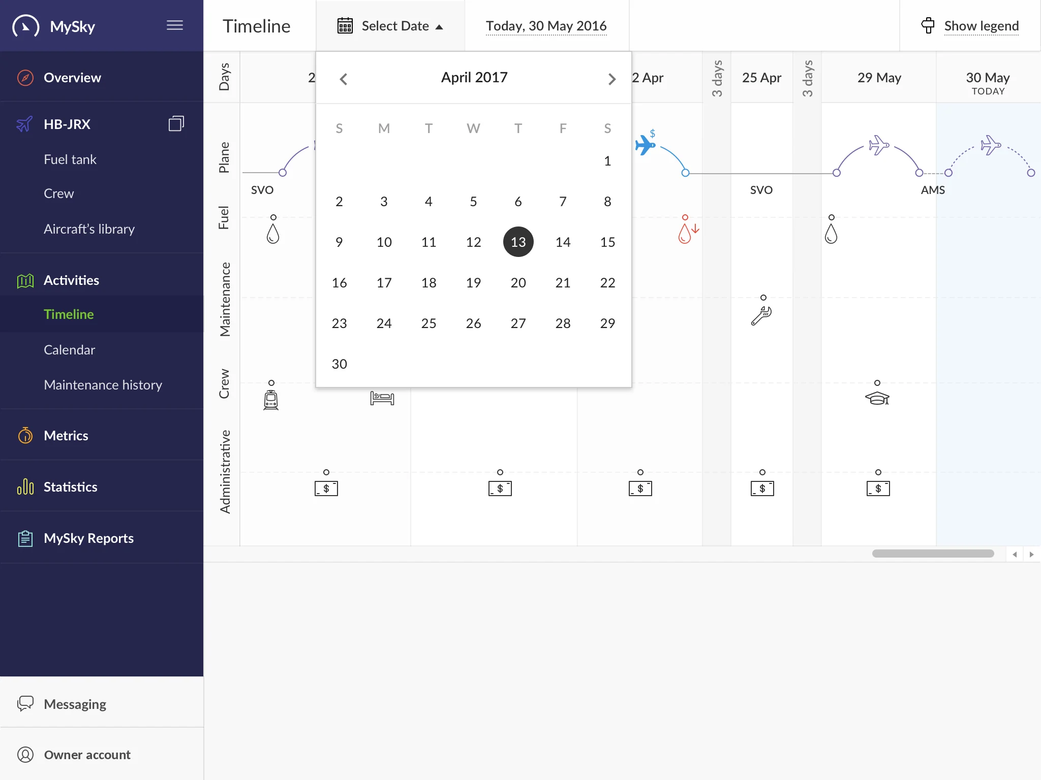 MySky timeline for one aircraft: flights between airports across the month, with rows for fuel, maintenance, crew and administrative events, and a calendar picker.