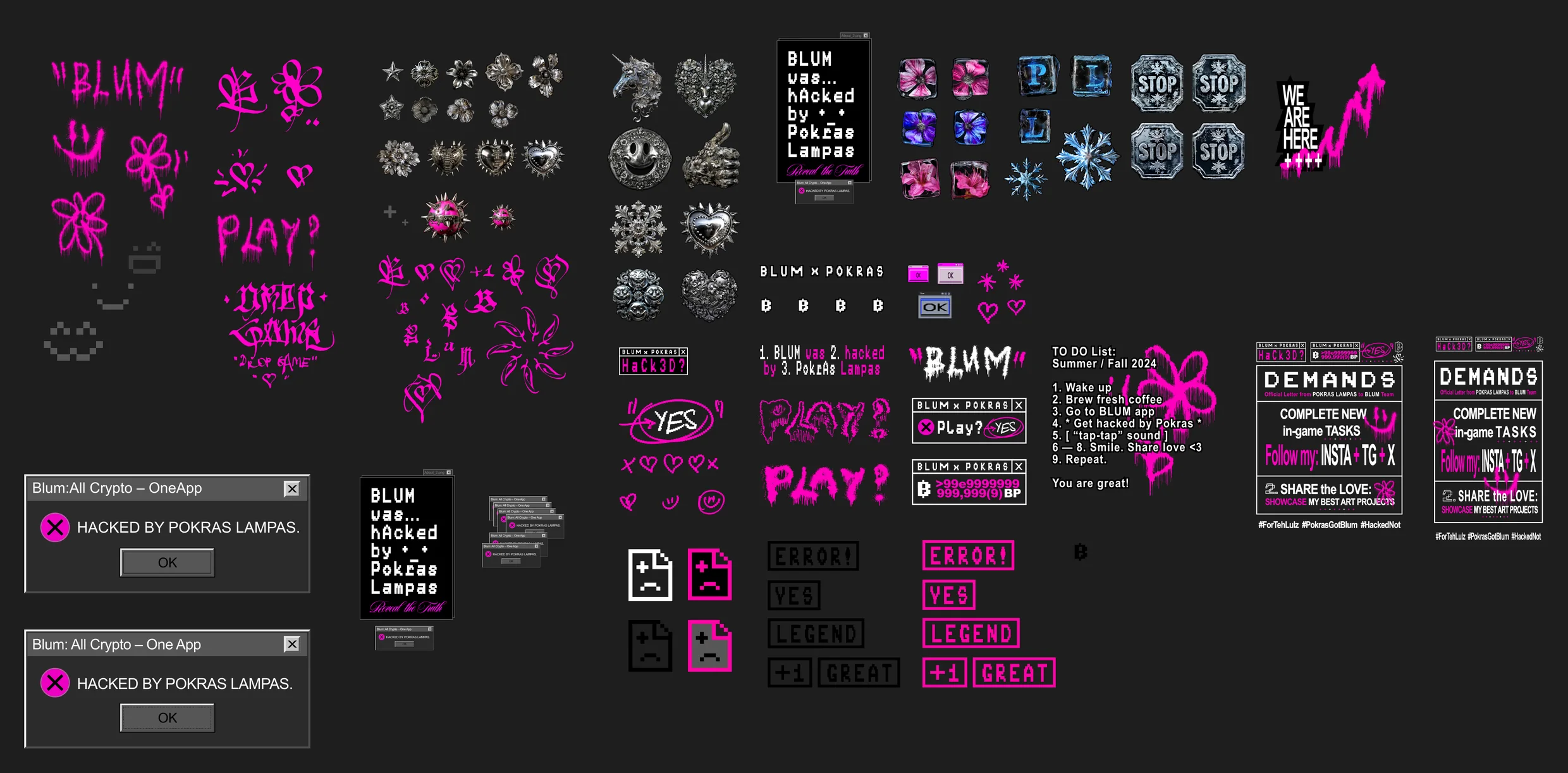 The takeover kit on one board: magenta calligraffiti of BLUM, PLAY? and Drop game; chrome flowers, hearts, a unicorn, a skull smiley and a thumbs-up; icy STOP signs and snowflakes; grey dialogs reading Hacked by Pokras Lampas; a note, Blum was hacked by Pokras Lampas; a to-do list for summer and fall 2024 with Get hacked by Pokras at number four; ERROR, YES, LEGEND and +1 GREAT in pixel boxes; and two posters headed Demands.