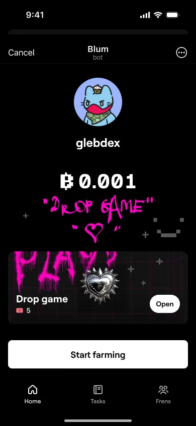 The hacked home screen: a balance of 0.001 with Drop game scrawled under it in magenta calligraffiti, PLAY? sprayed across the game card, and Start farming.