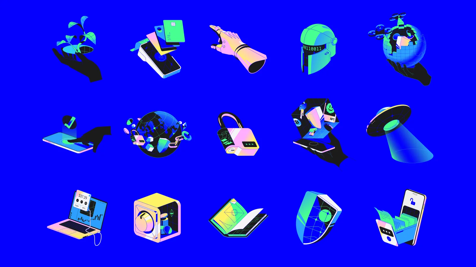 Fifteen Trust illustrations on electric blue: hands, a helmet, a planet, a lock, a vault, an open book and a phone, drawn over their own grid.
