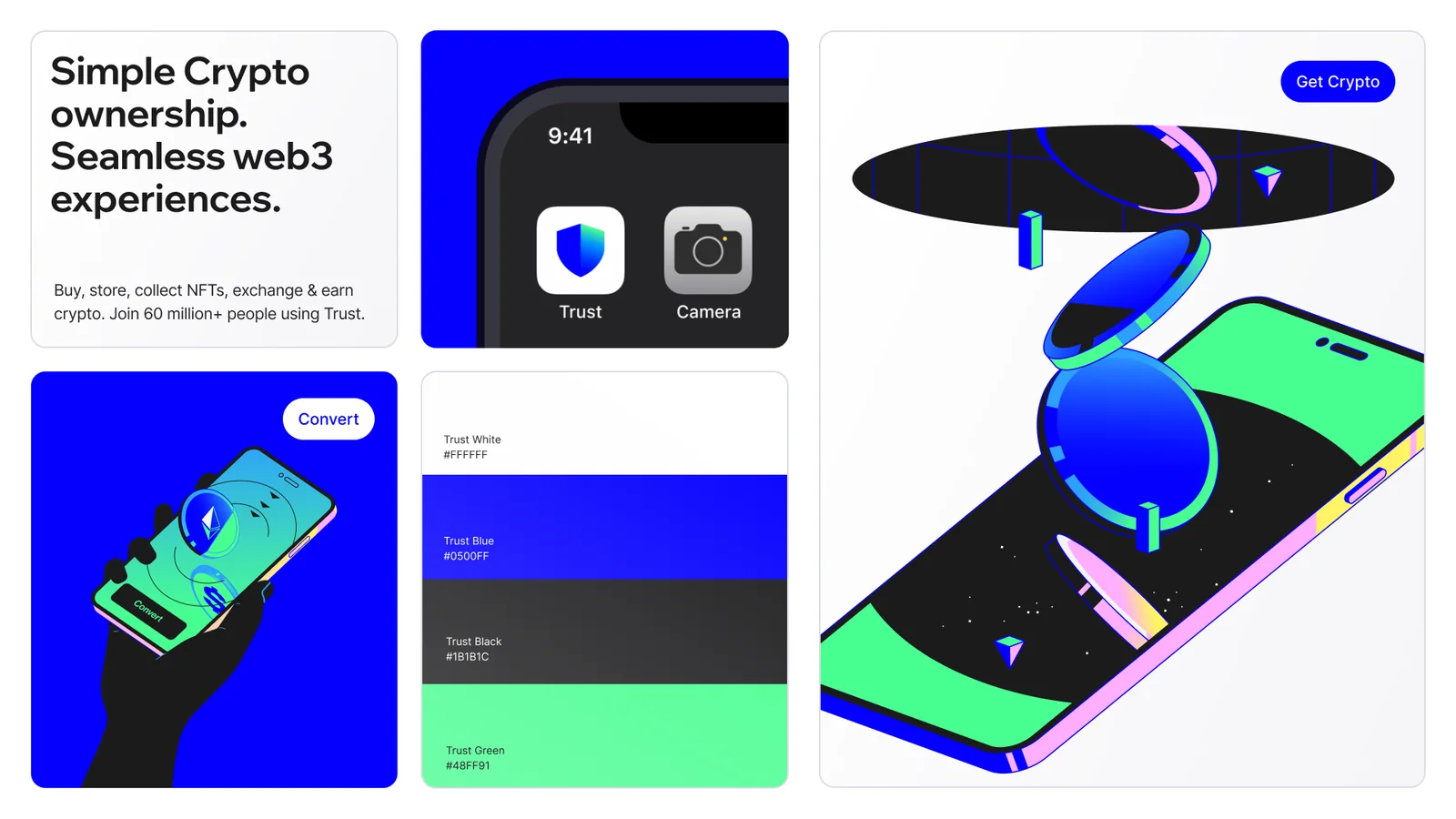 Trust layouts: Simple crypto ownership, the app icon on a home screen, the colour set, and a phone illustration.