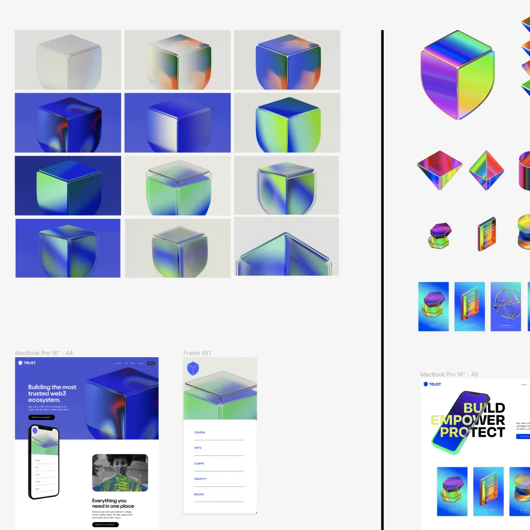 Shield exploration: the shield as glass, chrome and gradient cubes.