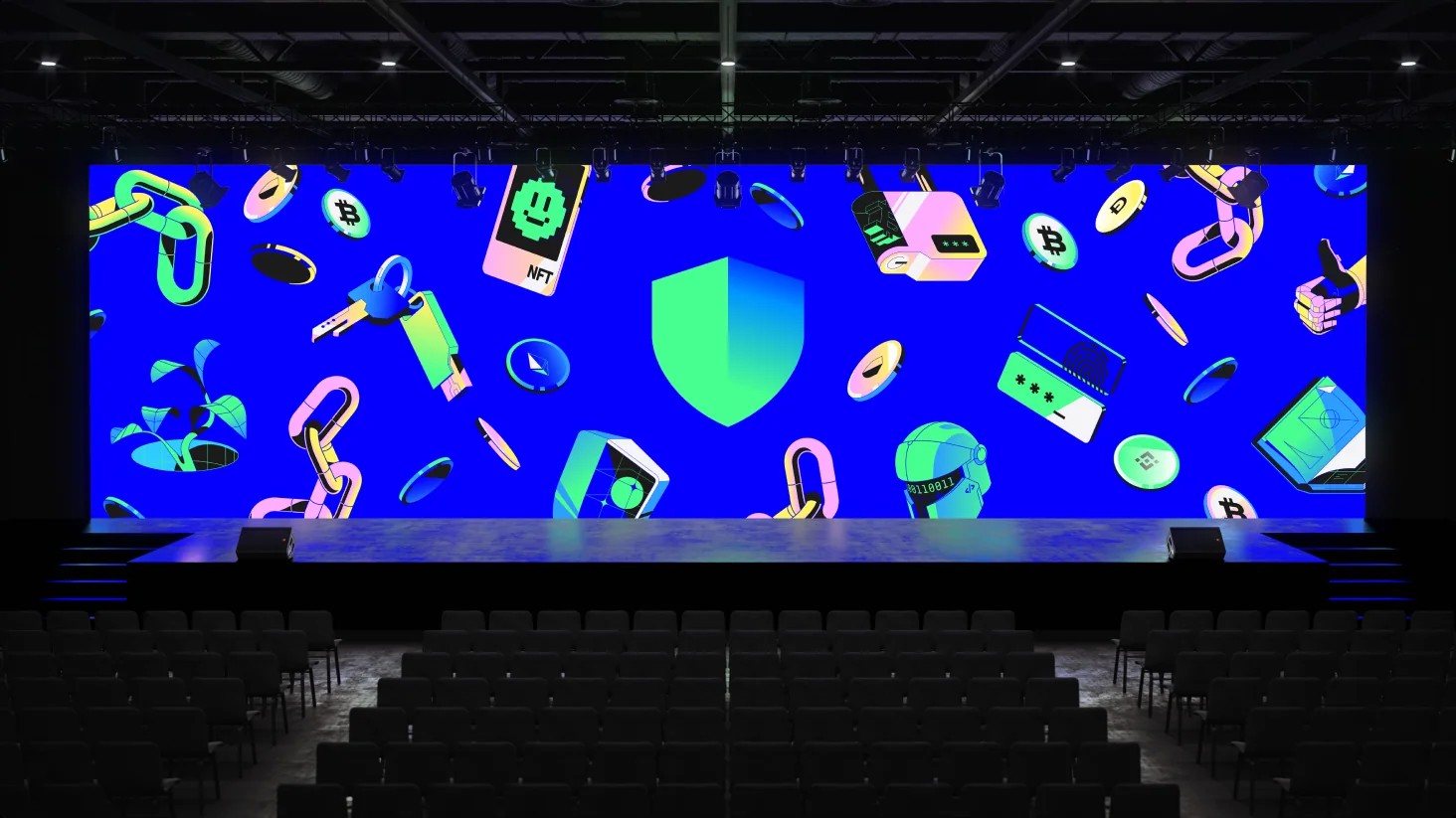 A conference stage with the Trust shield and illustrations filling the screen.