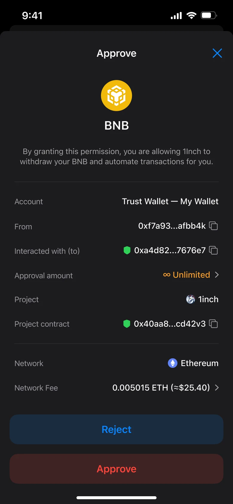 Trust Wallet approval screen asking whether 1inch may withdraw BNB, with the approval amount set to Unlimited, and Reject and Approve buttons.