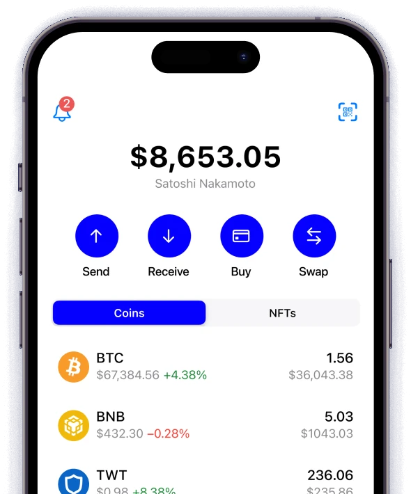 The 2023 Trust Wallet home: the balance, four round blue actions for Send, Receive, Buy and Swap, and the coin list.